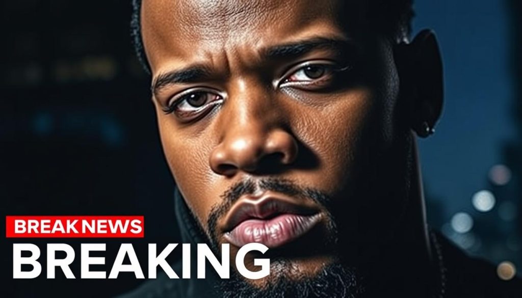 A high-contrast, close-up portrait of Tory Lanez, the Canadian rapper, with a serious, pensive expression on his face. The lighting is dramatic, creating strong shadows and highlights that accentuate his features. The background is blurred, with a hint of urban cityscape visible, suggesting the context of the latest news or developments surrounding him. The image has a sense of tension and urgency, reflecting the breaking news aspect of the subject matter.