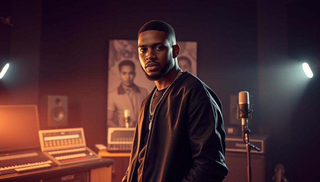 A hip-hop artist in a dimly lit, atmospheric studio setting. Tory Lanez, dressed in a sleek, urban streetwear outfit, stands confidently in the foreground, illuminated by a warm, dramatic spotlight. His expression is intense, conveying the passion and energy of his musical performance. In the middle ground, various recording equipment, sound panels, and a vintage microphone create a sense of the creative process. The background features a subtly blurred, moody backdrop, evoking the introspective, emotive nature of Tory's music. Soft, dramatic lighting casts dramatic shadows, adding depth and a sense of cinematic flair to the scene.