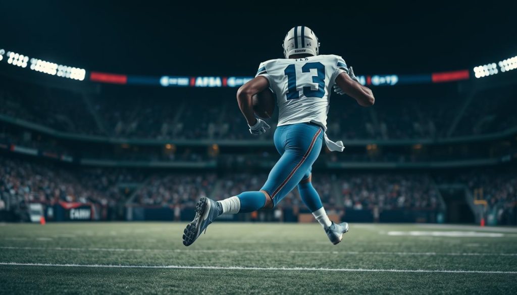 An NFL player in a white jersey and blue pants sprinting downfield, his feet and legs in sharp focus as he makes a precise cut, his upper body twisting gracefully to create separation from the defender. The background is a blurred NFL stadium, with the field and stands fading into the distance. Dramatic, moody lighting casts dramatic shadows, highlighting the player's athleticism and technique. Captured with a telephoto lens to compress the perspective and bring the player's movement into sharp relief.