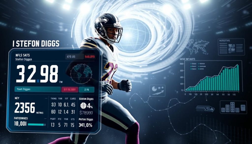 Striking image of Stefon Diggs' NFL stats, set against a dynamic, action-packed backdrop. In the foreground, a detailed rendering of Diggs' key performance metrics and accolades, displayed on a sleek, holographic interface. The middle ground features Diggs in mid-stride, his muscular frame and determined expression captured in a dramatic, high-contrast lighting. In the background, a swirling vortex of data, charts, and graphs, symbolizing the complex analytics and strategies that have propelled Diggs' rise to stardom. The overall composition conveys a sense of power, precision, and the relentless pursuit of excellence that defines Stefon Diggs' journey in the NFL.